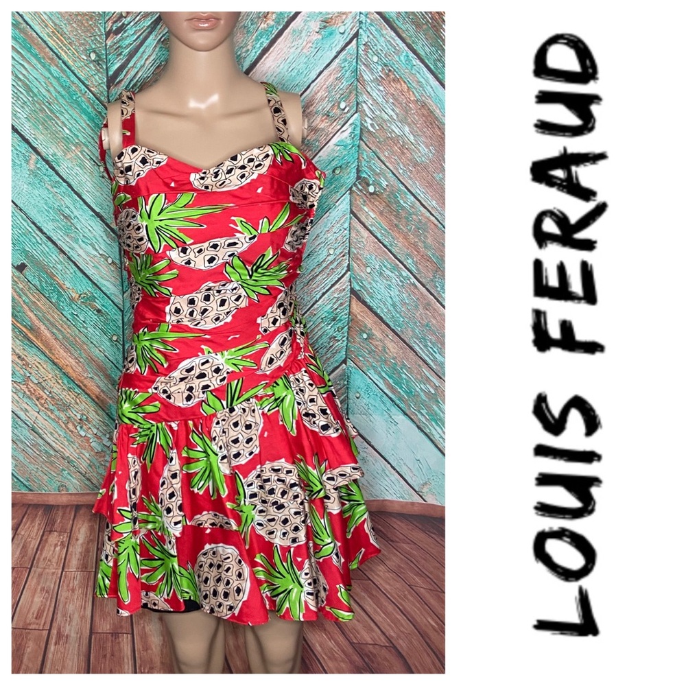 Vintage Louis Feraud Red Pineapple Cotton Ruched Mini Dress